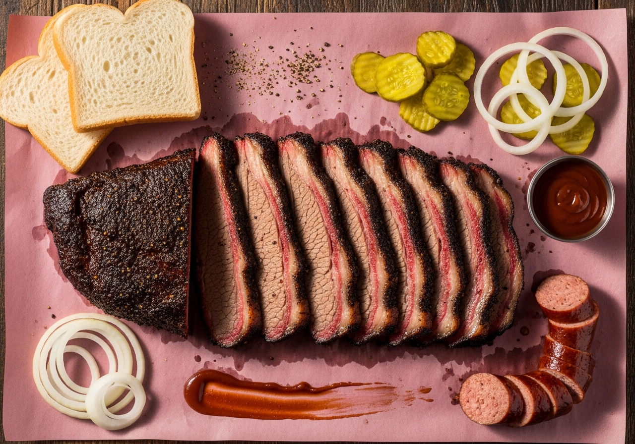 Sliced brisket with deep smoke ring on pink butcher paper at Goldee's BBQ Fort Worth