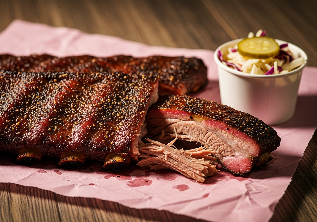 Smoked pork spare ribs with peppery bark at Goldee's BBQ Fort Worth