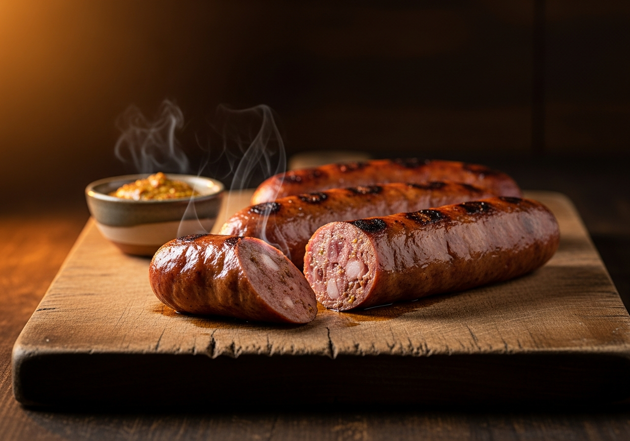 House-made smoked sausage links on cutting board at Goldee's BBQ Fort Worth