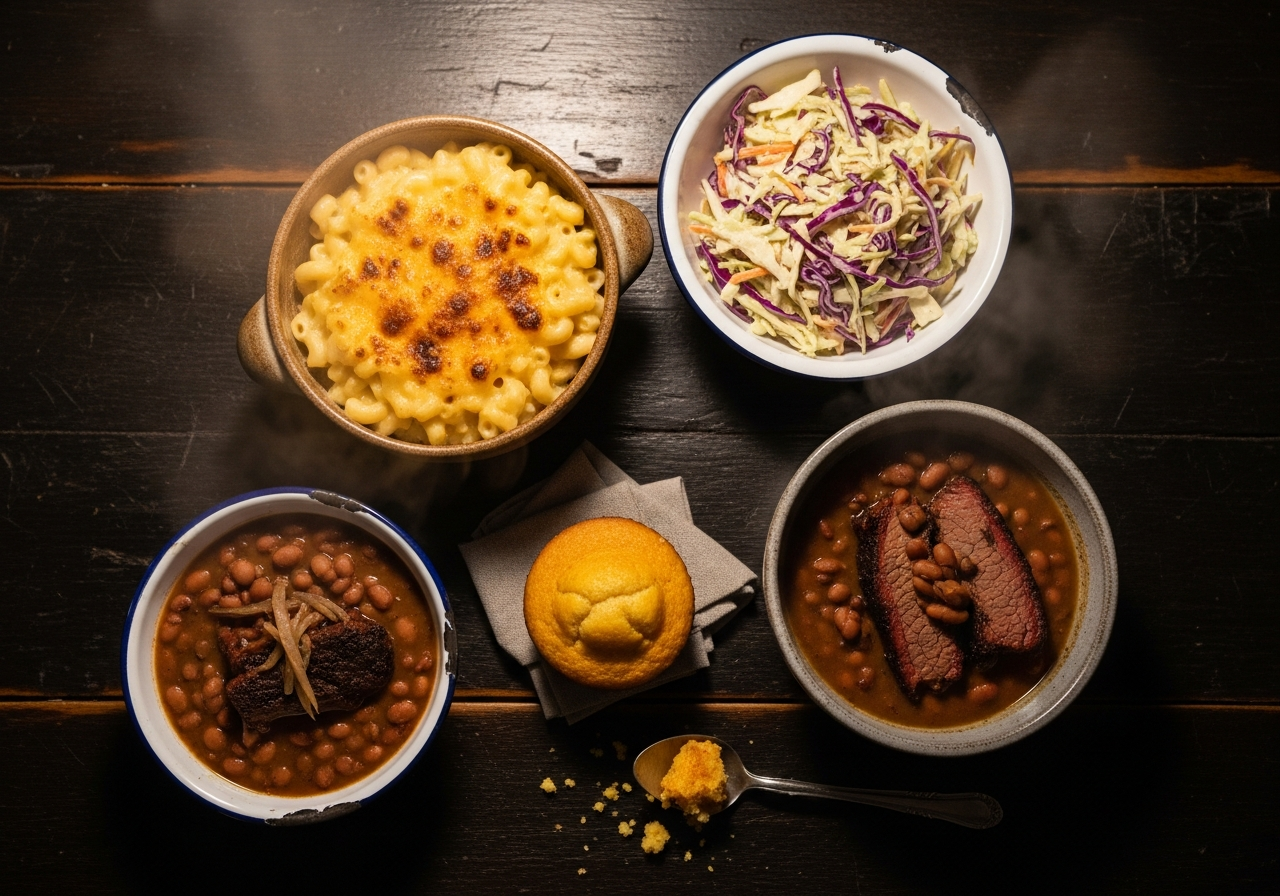 BBQ sides — mac and cheese, coleslaw, and pinto beans at Goldee's BBQ Fort Worth
