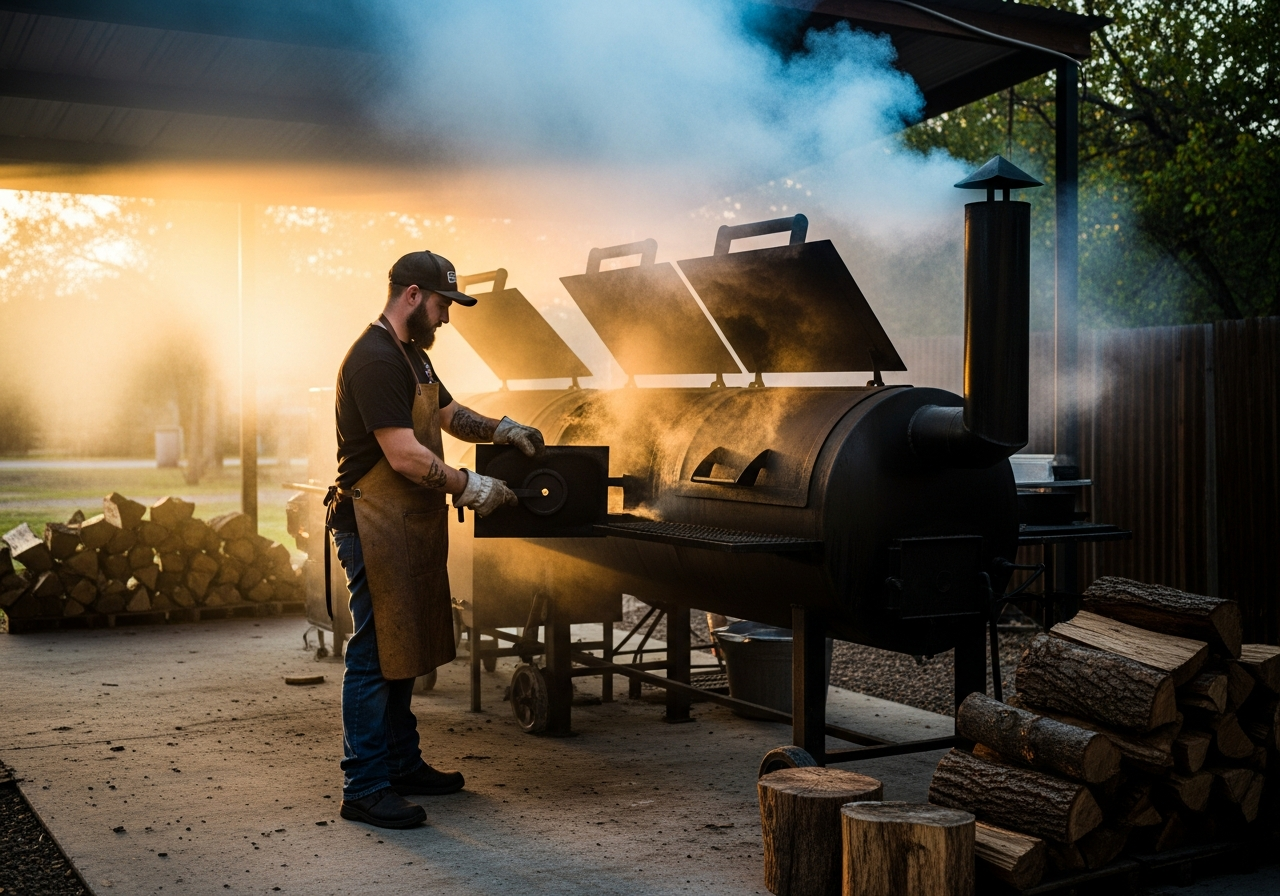 Pitmaster tending the offset smoker at dawn at Goldee's BBQ in Fort Worth, Texas